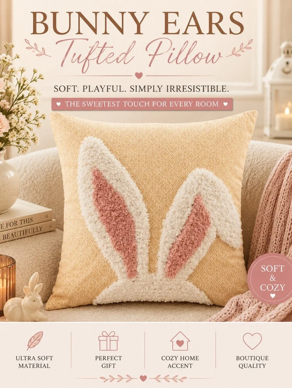 Tufted Bunny Ears Throw Pillow - Cream & Pink With Insert